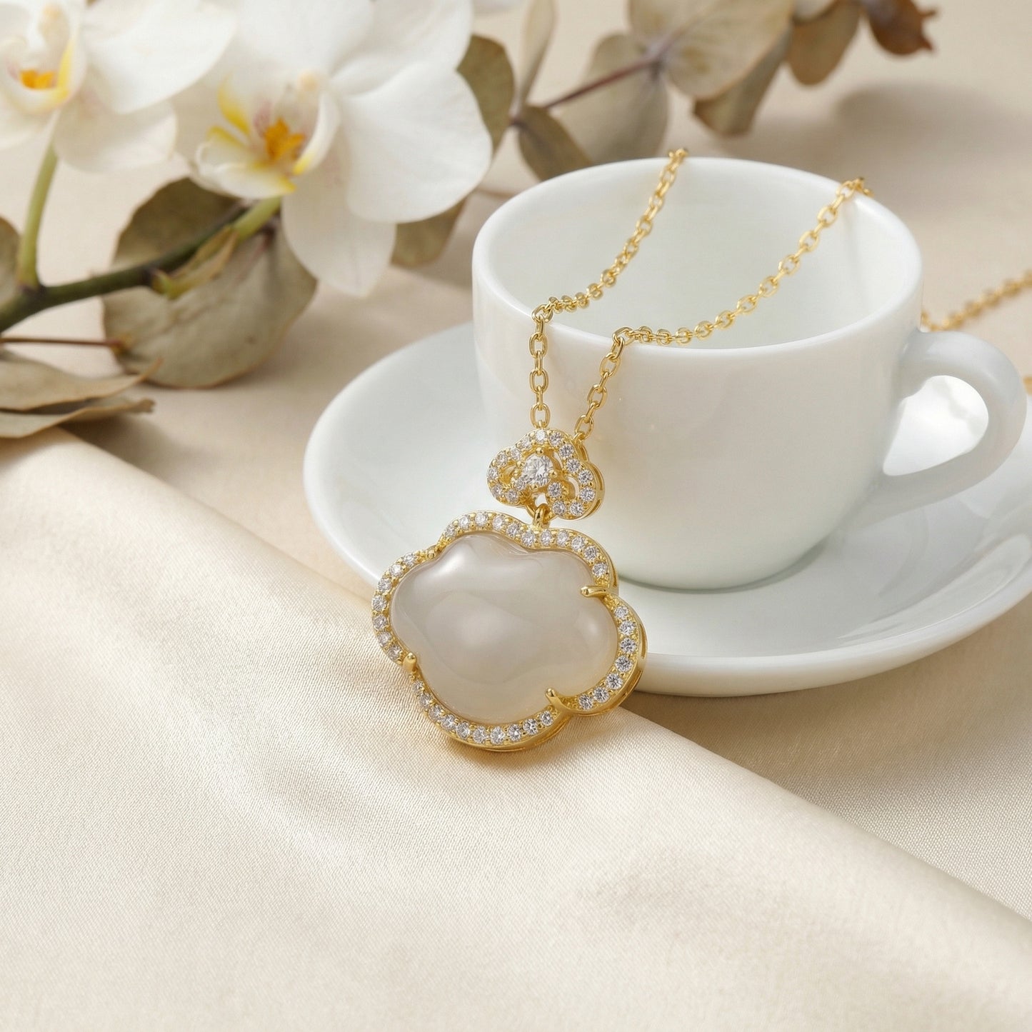 925 Sterling Silver Elegant Ruyi Cloud Pendant Necklace Featuring Translucent Gemstone and Brilliant Halo Accents