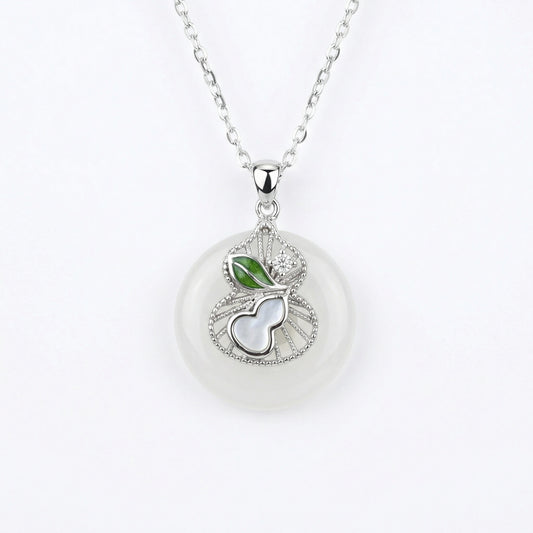 925 Sterling Silver White Jade Ping'an Kou Necklace with Silver Gourd, Mother-of-Pearl, and Green Enamel Accents