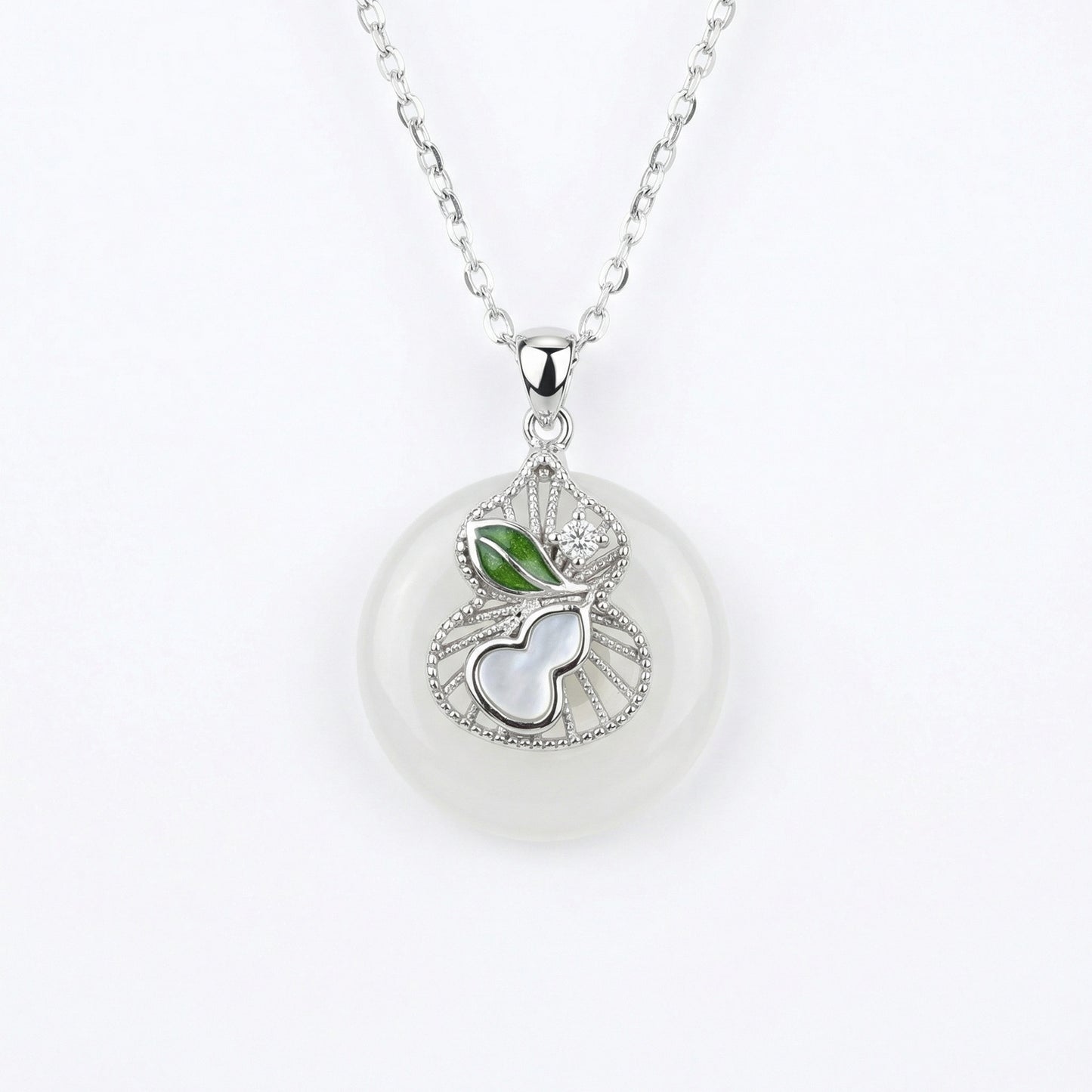 925 Sterling Silver White Jade Ping'an Kou Necklace with Silver Gourd, Mother-of-Pearl, and Green Enamel Accents