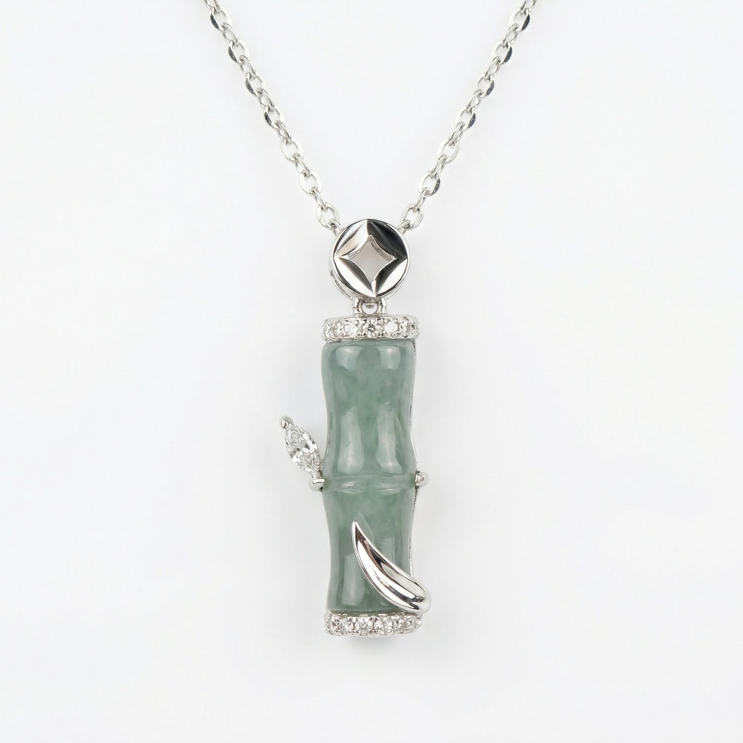 925 Sterling Silver Elegant Natural Green Jade Bamboo Stalk Pendant Necklace with Sparkling Accents