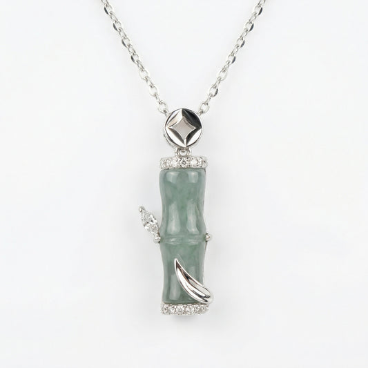 925 Sterling Silver Elegant Natural Green Jade Bamboo Stalk Pendant Necklace with Sparkling Accents