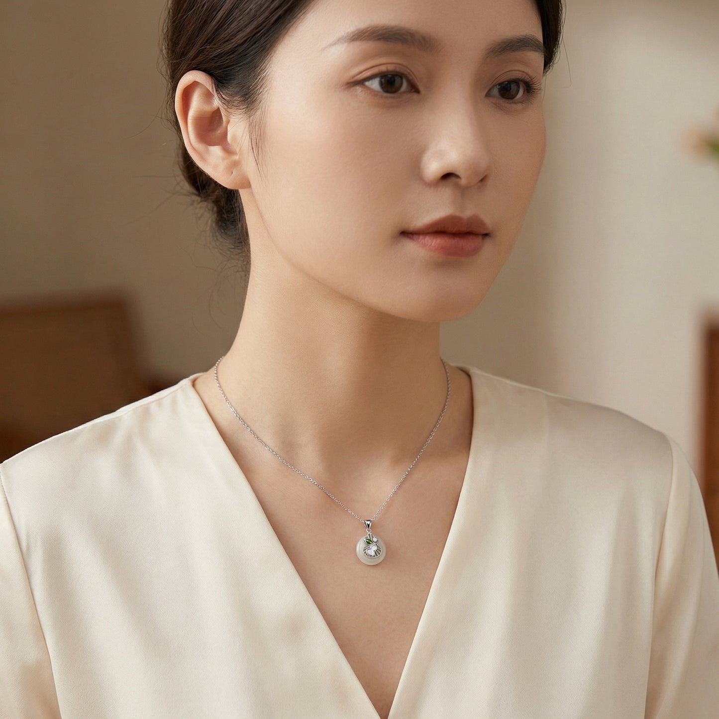925 Sterling Silver White Jade Ping'an Kou Necklace with Silver Gourd, Mother-of-Pearl, and Green Enamel Accents