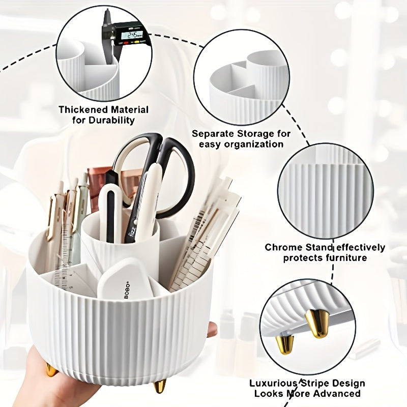 360° Rotating Makeup Brush Holder with 5 Compartments – Space-Saving Organizer for Cosmetics & Accessories