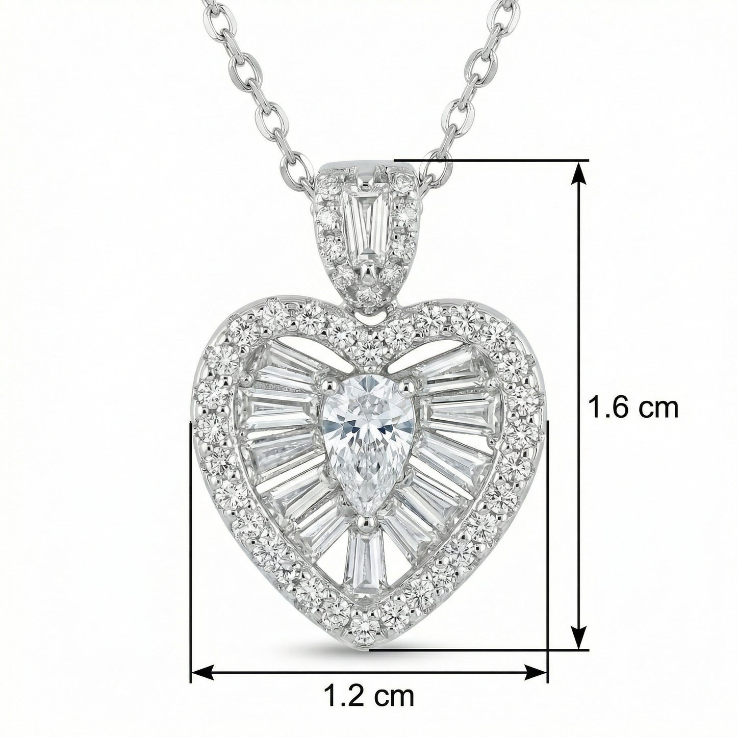 925 Sterling Silver Radiant Heart-Shaped Diamond Necklace with Pear-Cut Center and Baguette Accents