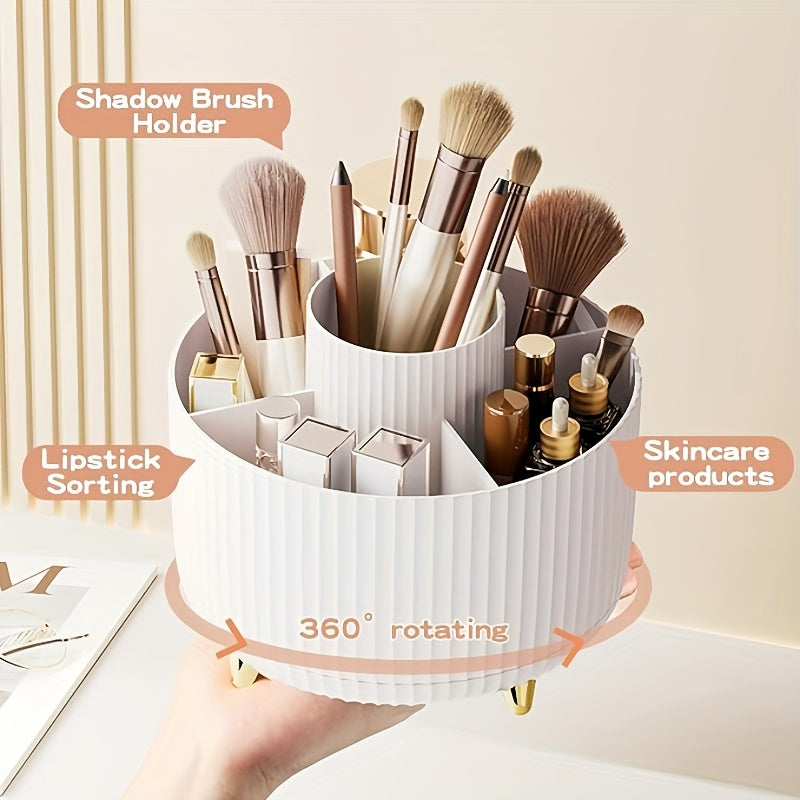 360° Rotating Makeup Brush Holder with 5 Compartments – Space-Saving Organizer for Cosmetics & Accessories