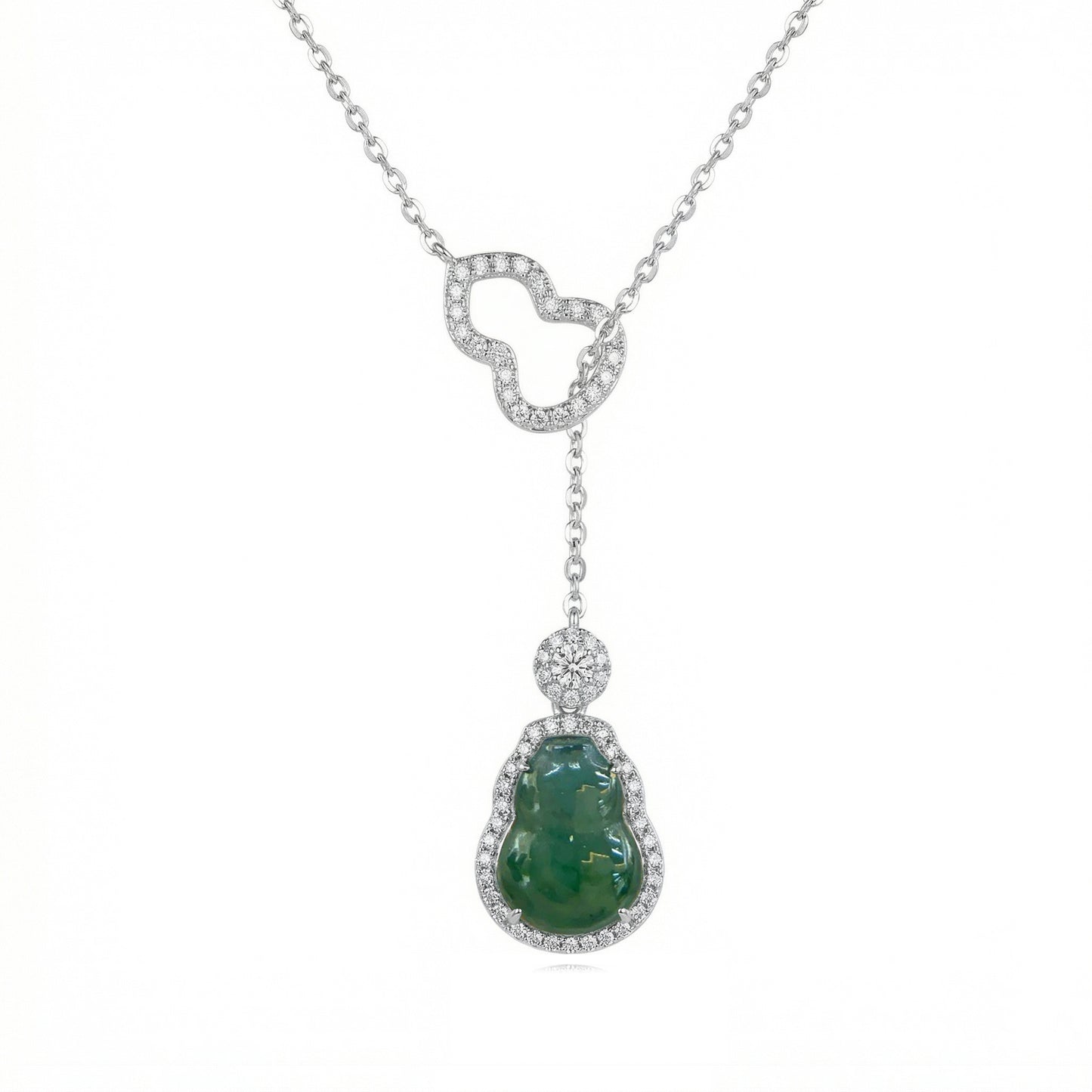 925 Sterling Silver Green Jade Laughing Buddha Necklace with CZ Accents and Gourd Detail