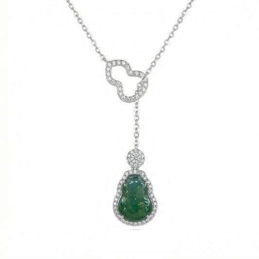 925 Sterling Silver Green Jade Laughing Buddha Necklace with CZ Accents and Gourd Detail