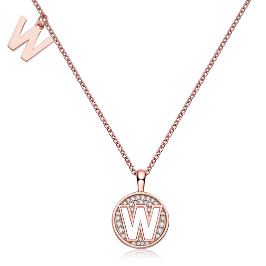 Luxury Initial Letter Necklace Pendant – W , S925 Silver Rose Gold Plated with Top-Quality Brilliant Moissanite