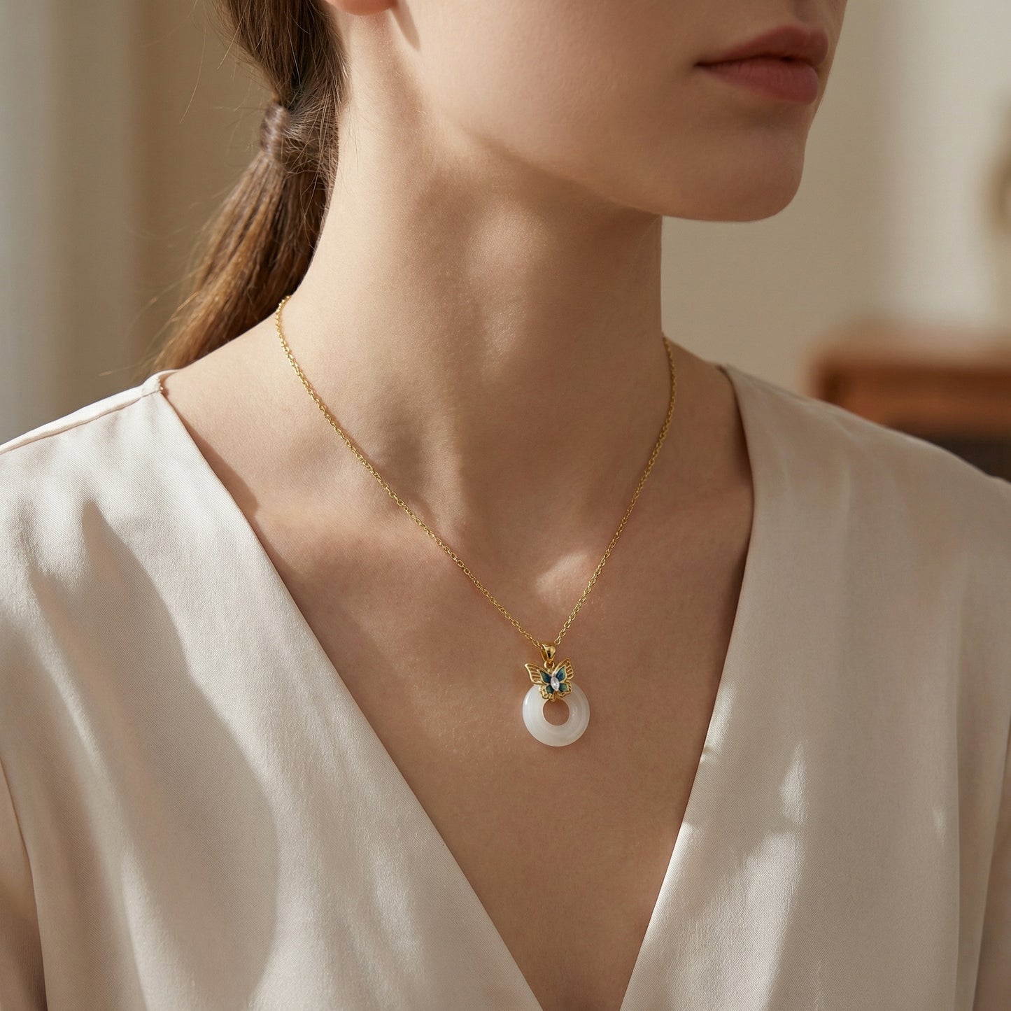 925 Sterling Silver Enchanted Butterfly Enamel and White Translucent Stone Donut Pendant Necklace