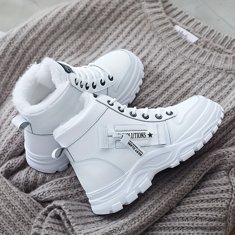 Women'S Winter High-Top Boots - Warm Fleece-Lined Ankle Boots with Thick Sole, Lace-Up Casual Style