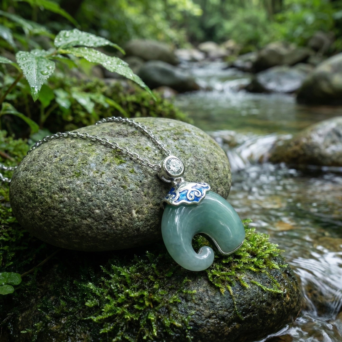 925 Sterling Silver Elegant Silver-Tone Green Jade Pendant Necklace with Blue Enamel and Sparkling Crystal