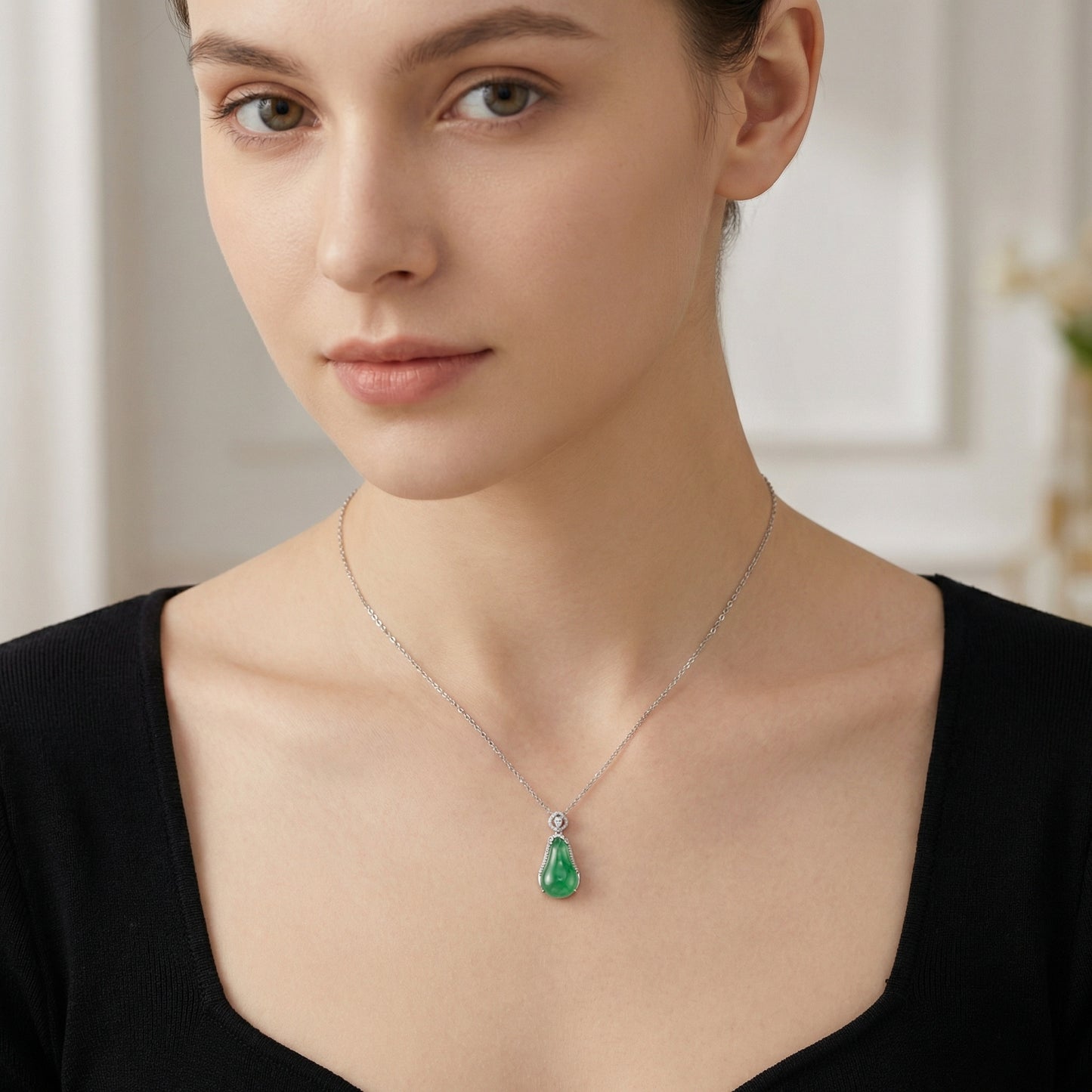 925 Sterling Silver Exquisite Emerald Green Jadeite Teardrop Pendant Necklace with Brilliant Diamond Accents.