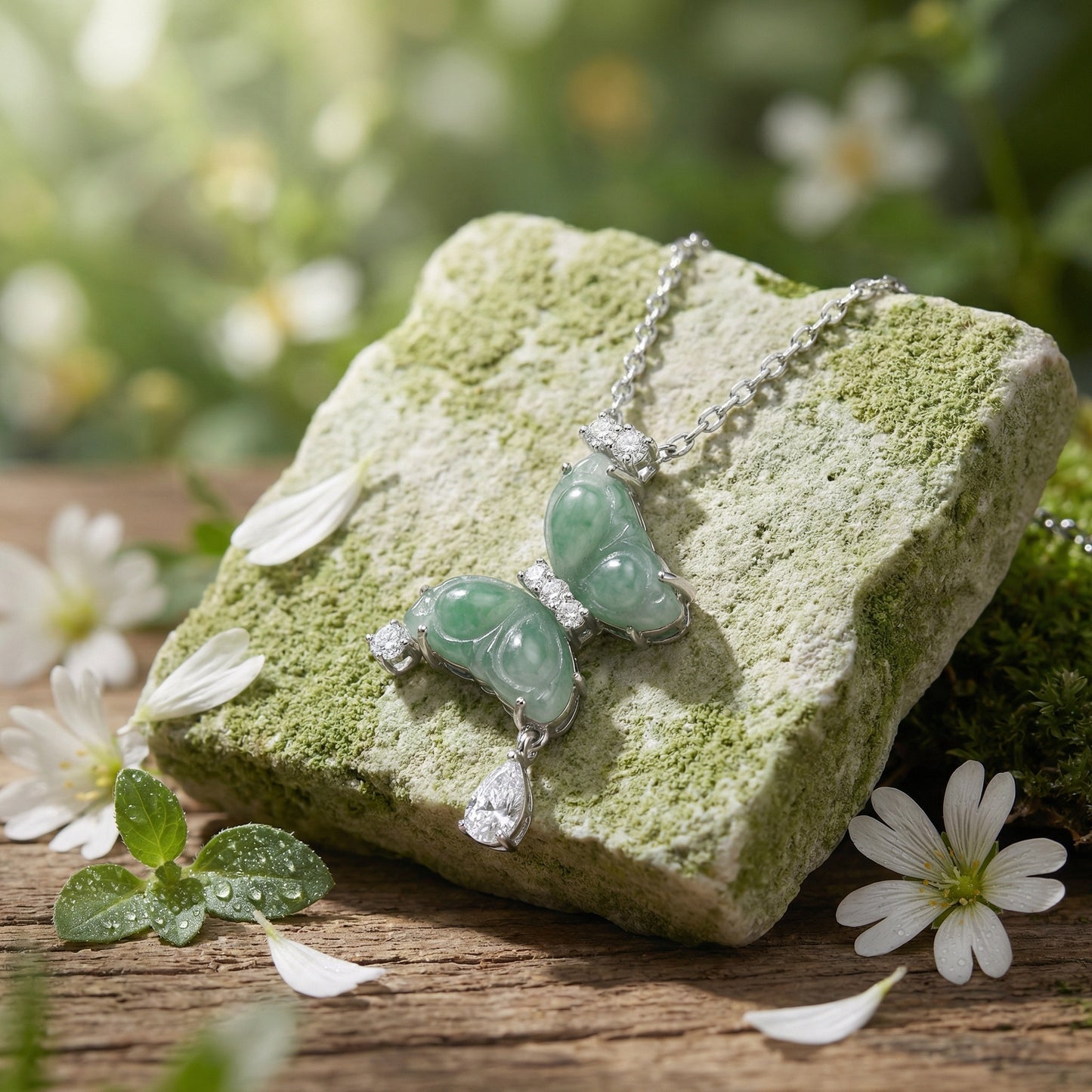 925 Sterling Silver Elegant Green Jade Butterfly Pendant Necklace with Brilliant Diamond Accents