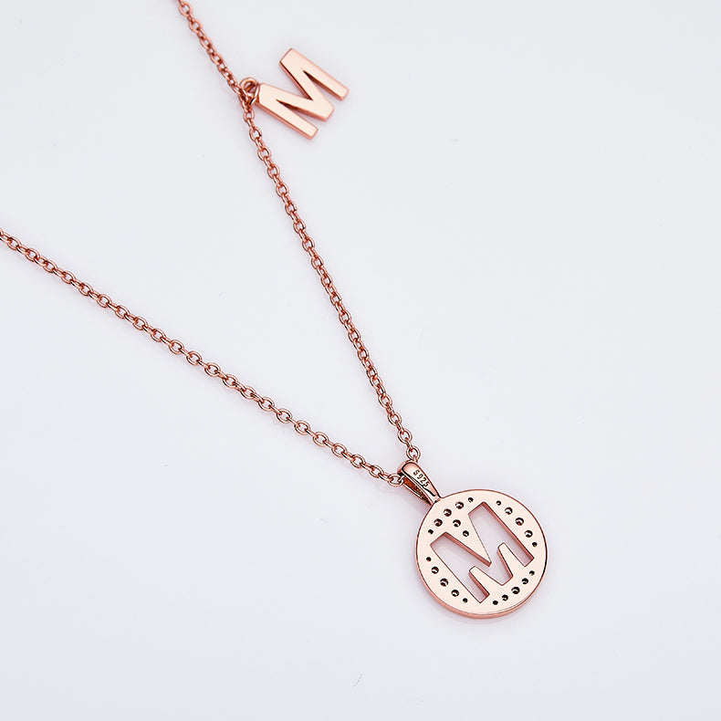 Luxury Initial Letter Necklace Pendant – M , S925 Silver Rose Gold Plated with Top-Quality Brilliant Moissanite