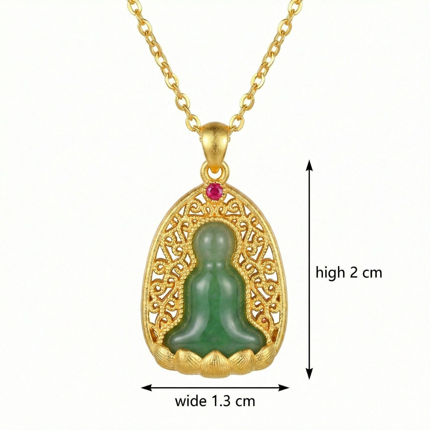 925 Sterling Silver Serene Green Jade Buddha Pendant with Intricate Filigree Setting and Radiant Red Gemstone