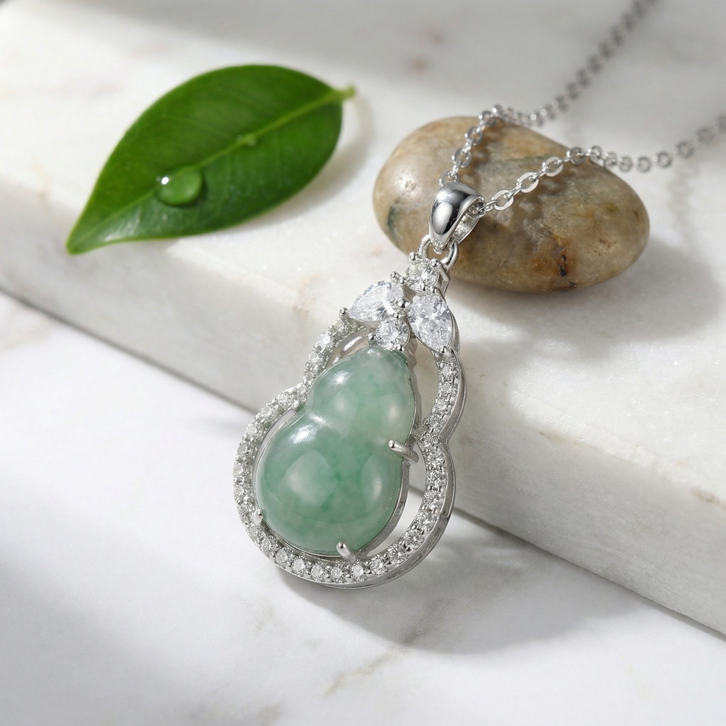 925 Sterling Silver Elegant Green Jadeite Hulu Gourd Pendant Necklace with Shimmering Stone Accents