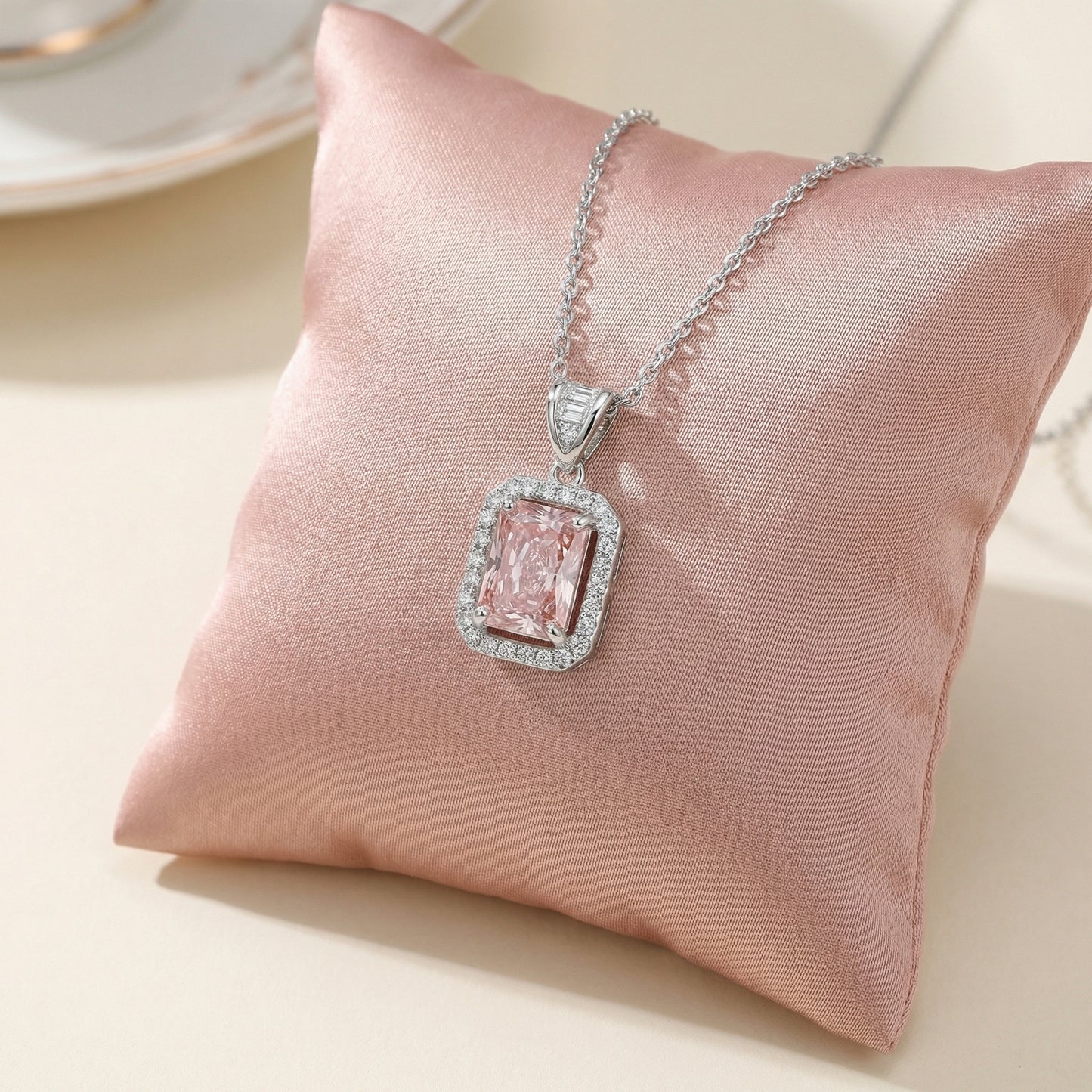 925 Sterling Silver Elegant Radiant-Cut Pink Gemstone Halo Pendant Necklace