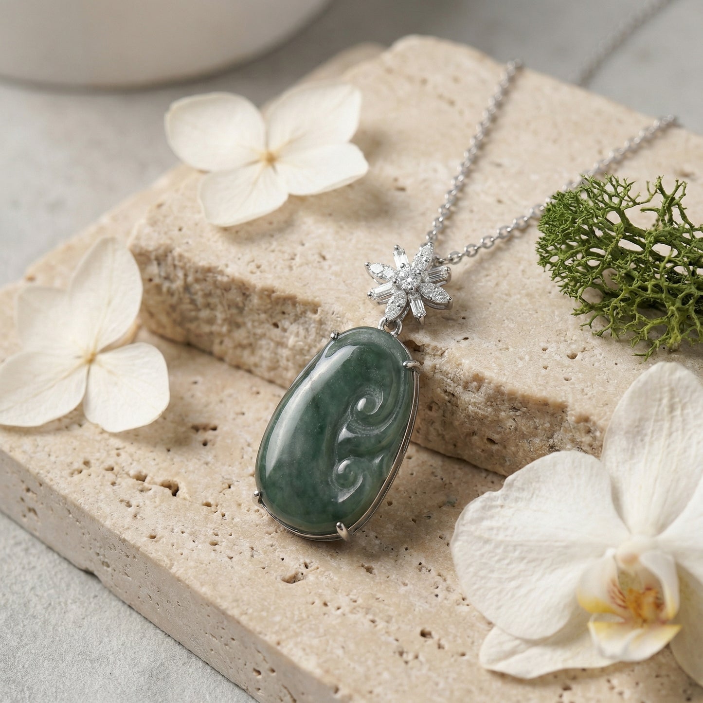 925 Sterling Silver Elegant Carved Dark Green Jade Pendant Necklace with Sparkling Star Accent