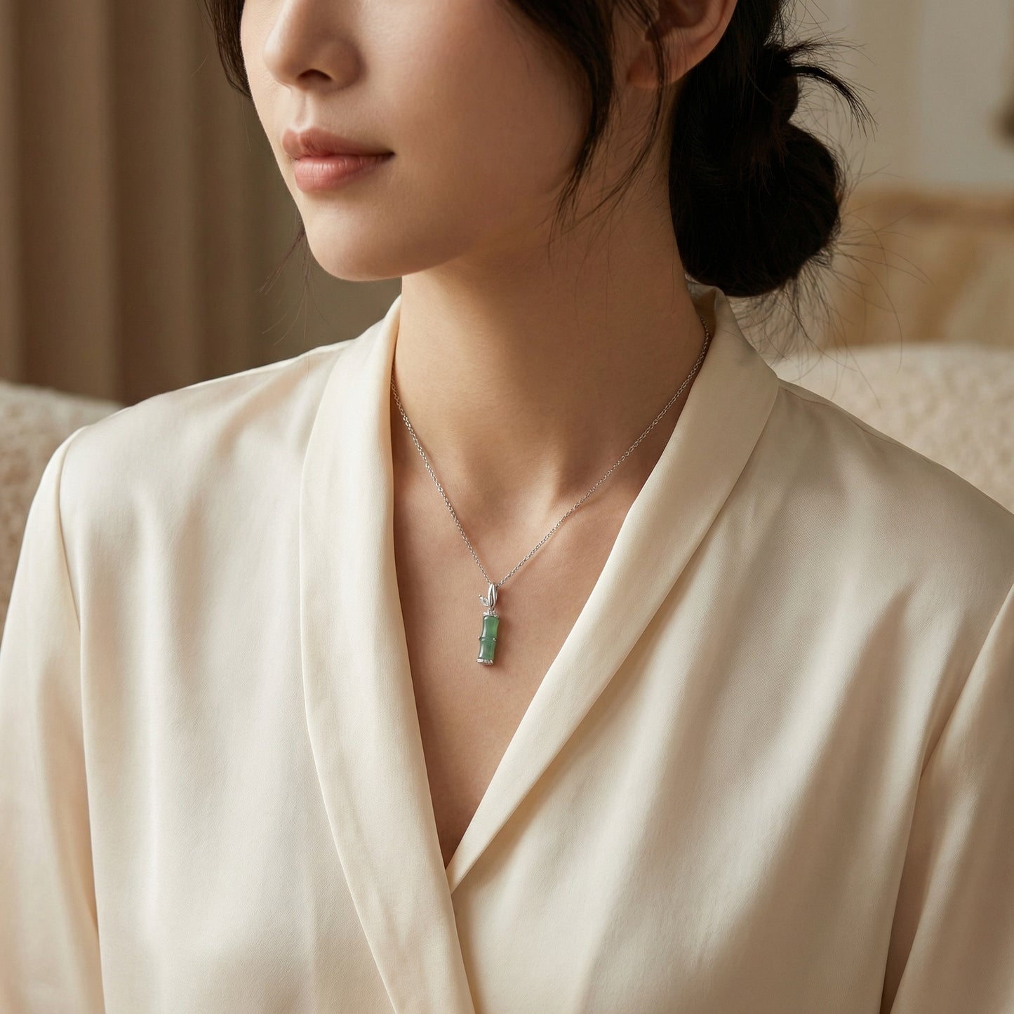 925 Sterling Silver Elegant Green Jade Bamboo Pendant Necklace with Cubic Zirconia Accents