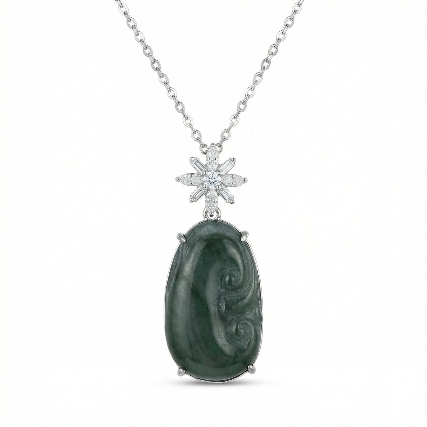 925 Sterling Silver Elegant Carved Dark Green Jade Pendant Necklace with Sparkling Star Accent