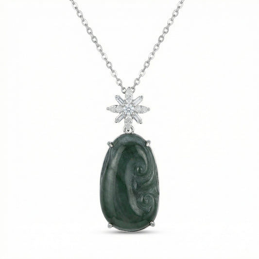 925 Sterling Silver Elegant Carved Dark Green Jade Pendant Necklace with Sparkling Star Accent