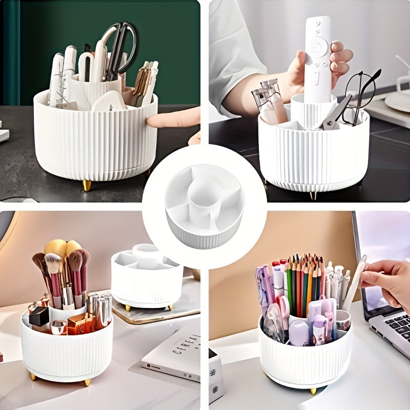 360° Rotating Makeup Brush Holder with 5 Compartments – Space-Saving Organizer for Cosmetics & Accessories