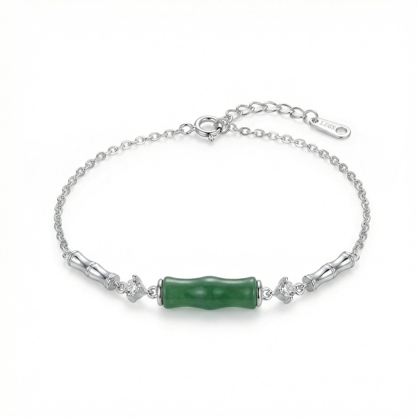 925 Sterling Silver Elegant S925 Sterling Silver Green Jade Bamboo Bracelet with Sparkling Zirconia