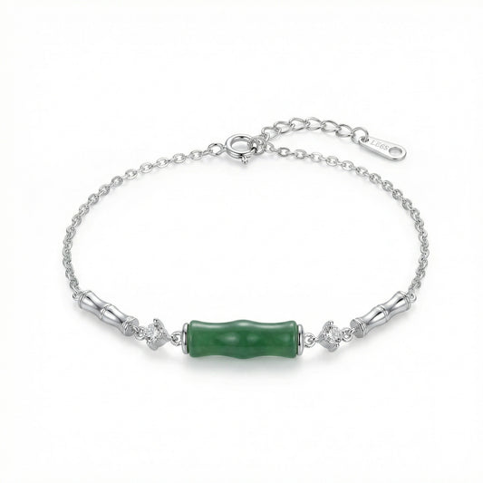 925 Sterling Silver Elegant S925 Sterling Silver Green Jade Bamboo Bracelet with Sparkling Zirconia