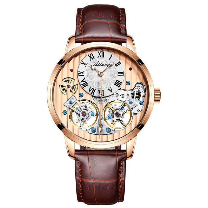 Luxury Double Flywheel Automatic Mechanical Watch – 41mm Stainless Steel Case,  Roman Dial Leather Strap