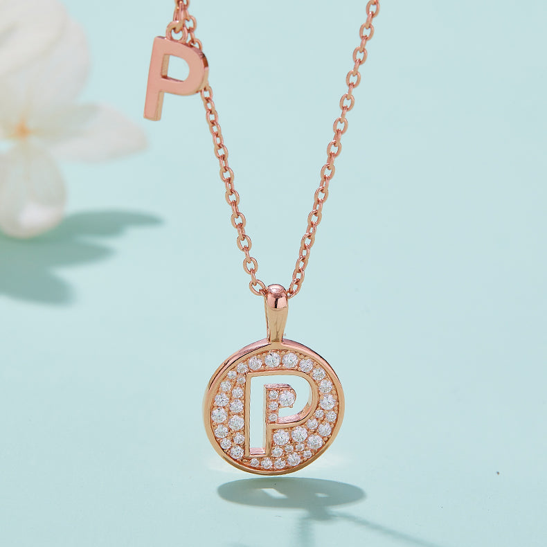 Luxury Initial Letter Necklace Pendant – P , S925 Silver Rose Gold Plated with Top-Quality Brilliant Moissanite