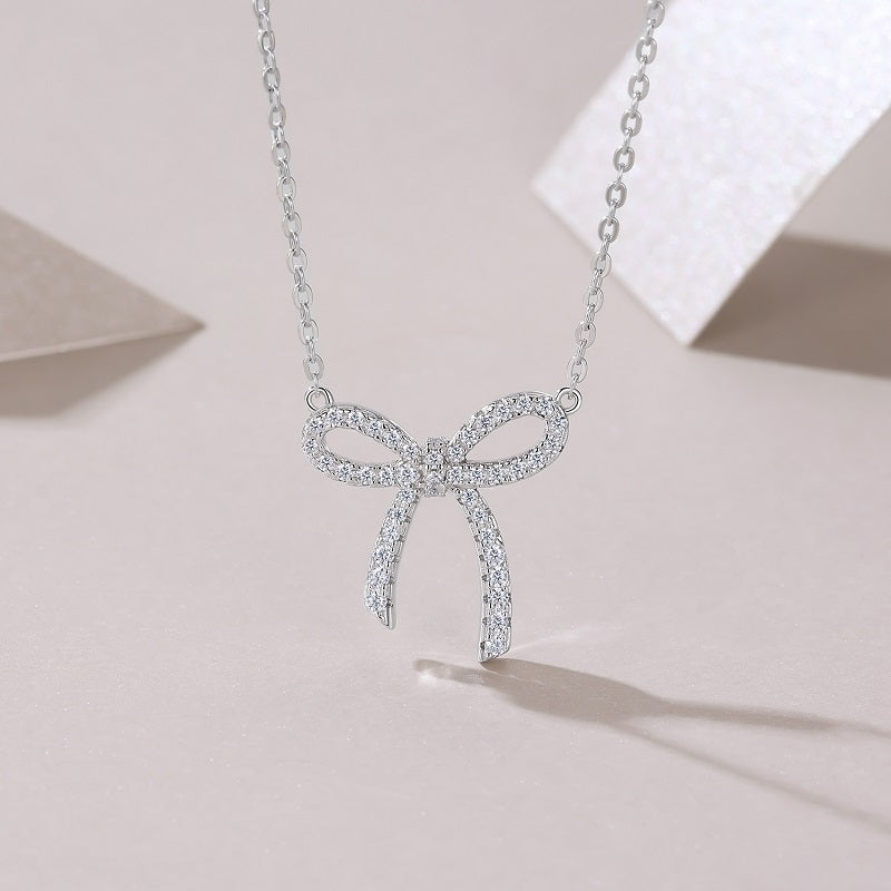 Luxury Moissanite Bow Pendant Necklace in S925 Sterling Silver, Electroplated Platinum Finish - Top-Quality & Dazzling Bowknot Jewelry Gift