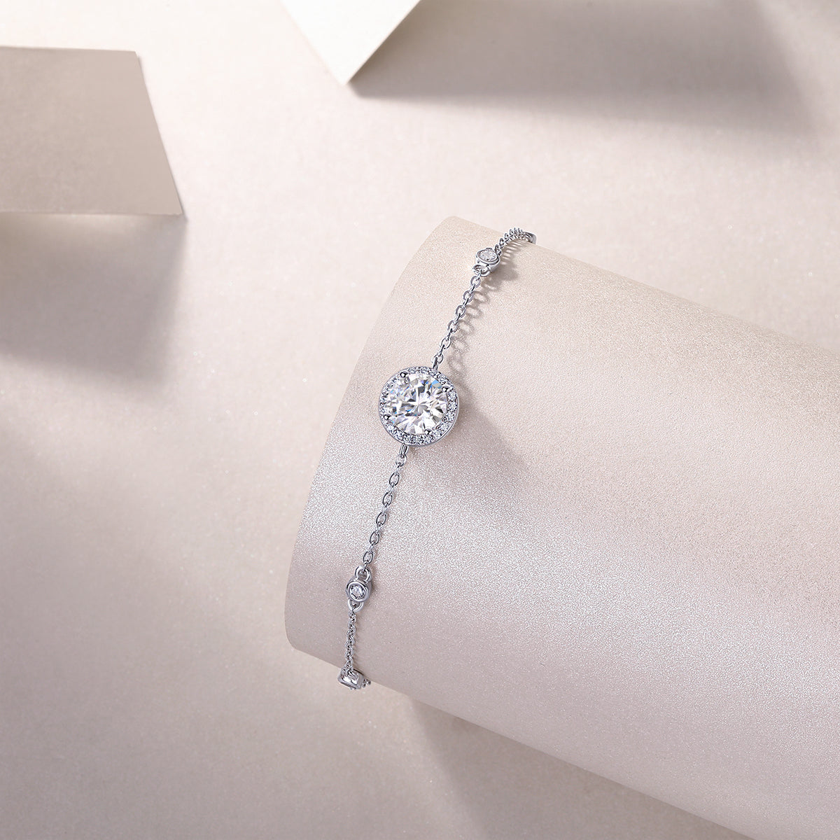 D Color VVS1 Moissanite Halo Station Bracelet | S925 Sterling Silver Platinum Plated Adjustable