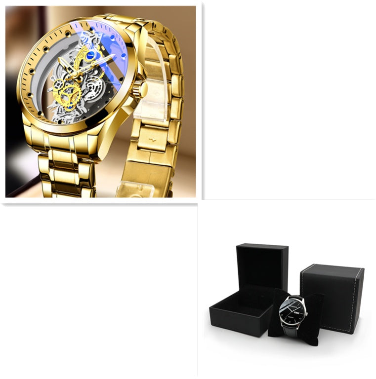 Luxurious Gold Plated Skeleton Quartz Watch for Men
