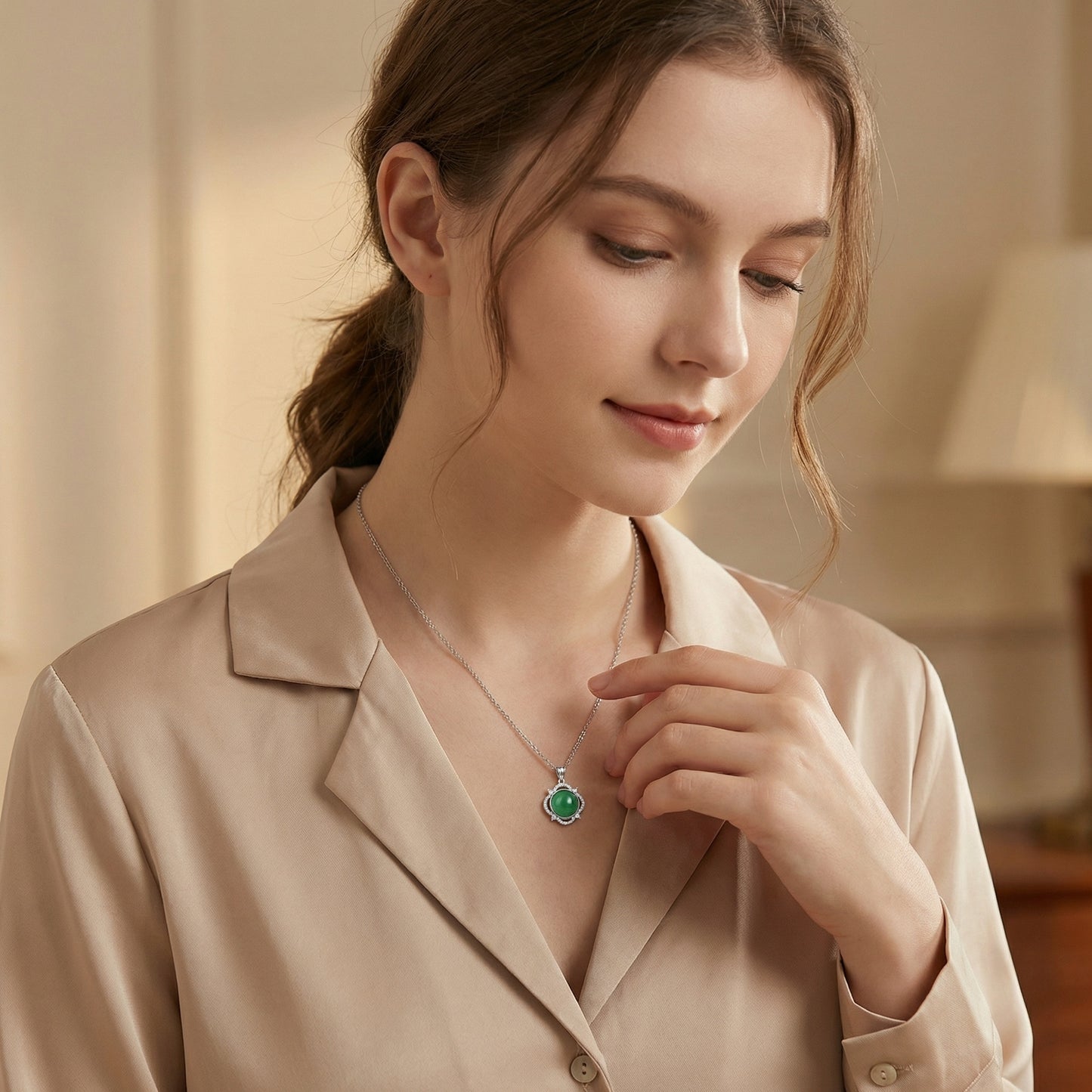 925 Sterling Silver Elegant Sterling Silver Green Jade Cabochon Pendant Necklace with Sparkling Halo Accents