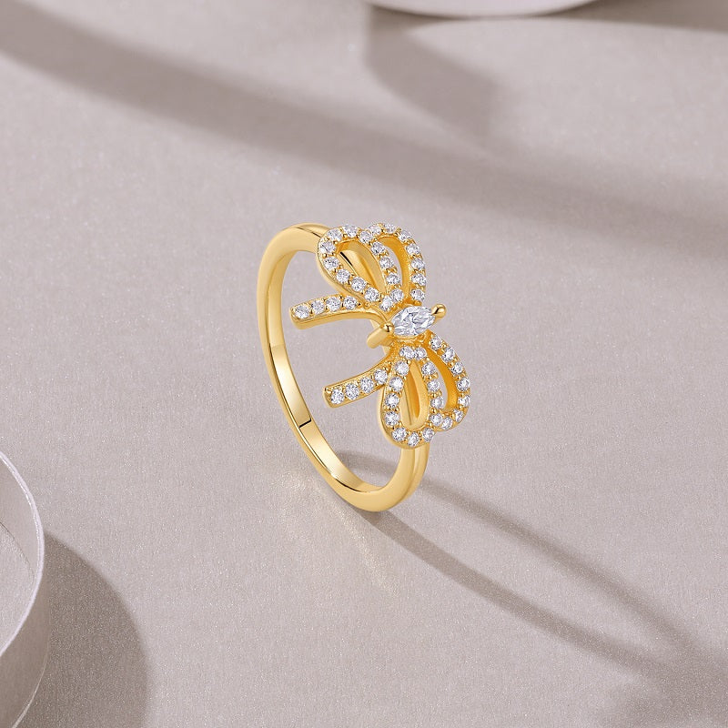 Luxury Gold Plated S925 Sterling Silver Bow Ring with D Color VVS Moissanite