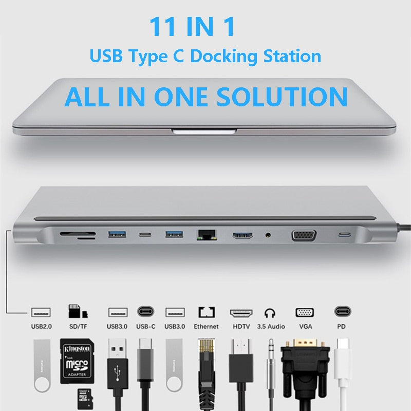 11-in-1 USB-C Multiport Docking Station | 4K HDMI, VGA, 100W PD, Gigabit Ethernet & Card Readers