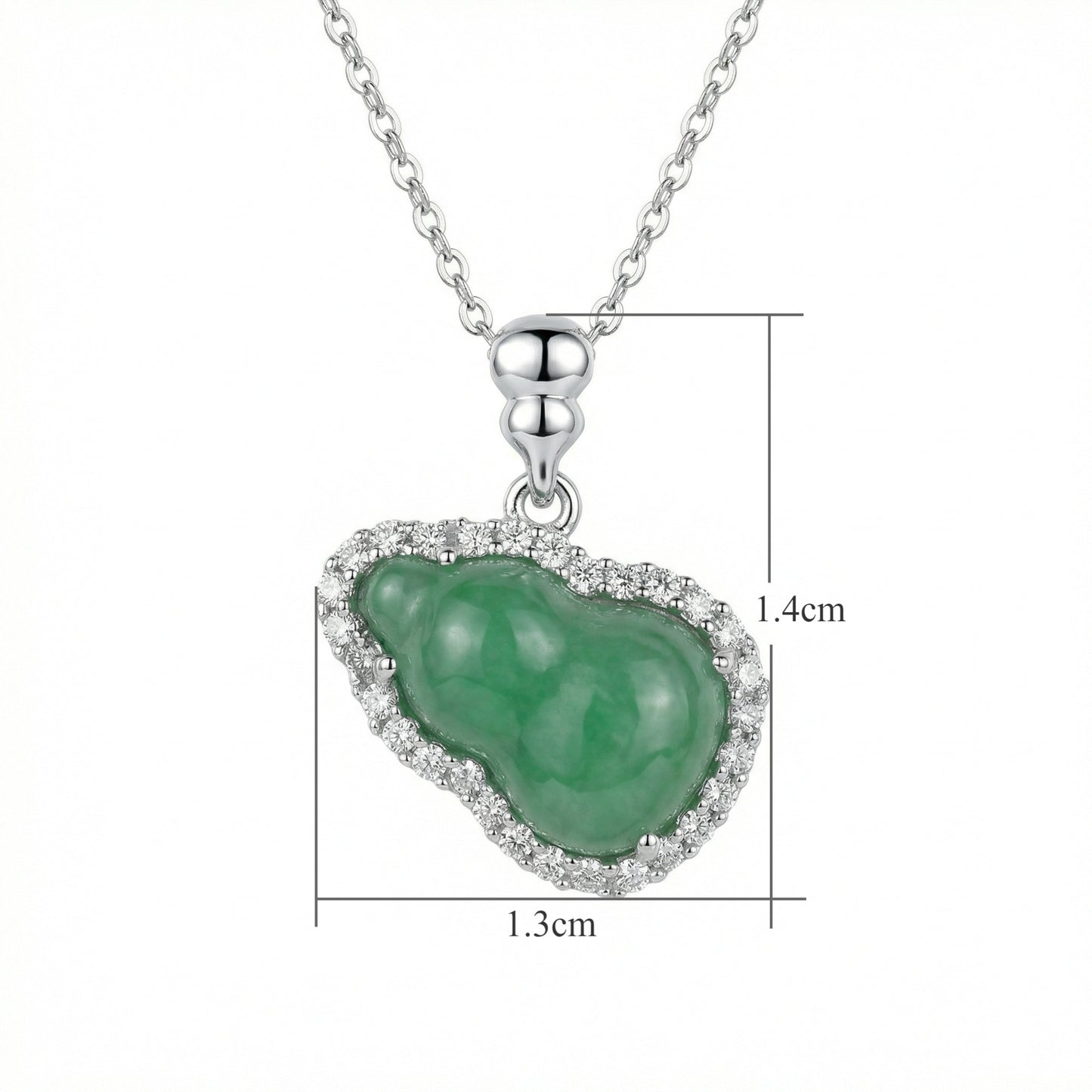925 Sterling Silver Green Jadeite Hulu Gourd Pendant Necklace with Diamond Halo Surround