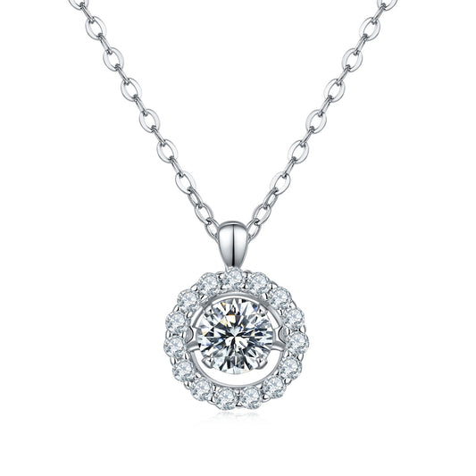D Color VVS1 Moissanite Halo Necklace in S925 Sterling Silver | Platinum Plated Round Pendant