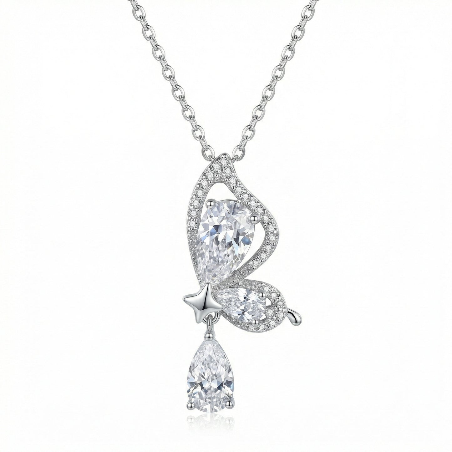 925 Sterling Silver Elegant Sterling Silver Butterfly Pendant Necklace with Sparkling Pear-Shaped Zirconia