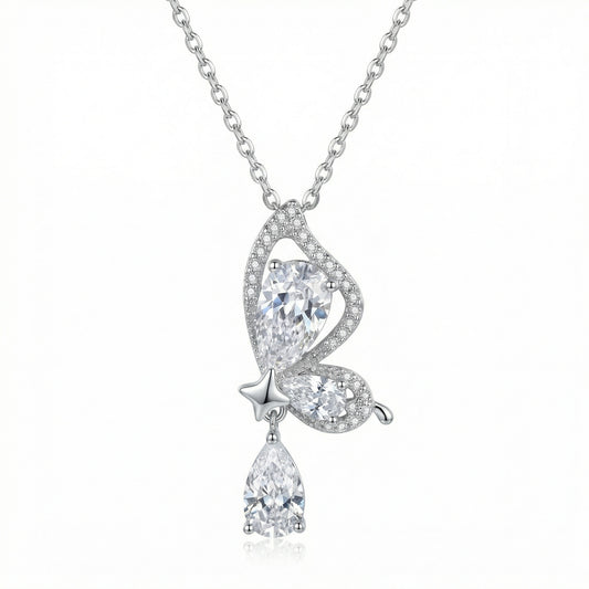 925 Sterling Silver Elegant Sterling Silver Butterfly Pendant Necklace with Sparkling Pear-Shaped Zirconia