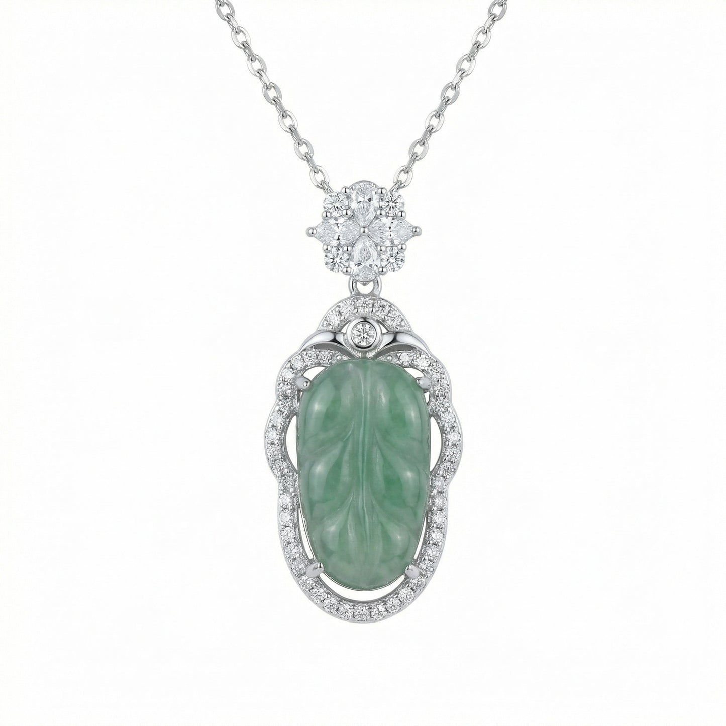 925 Sterling Silver Exquisite Carved Green Jade Leaf Pendant Necklace with Sparkling Stone Accents