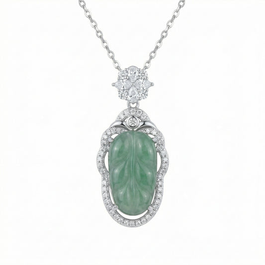 925 Sterling Silver Exquisite Carved Green Jade Leaf Pendant Necklace with Sparkling Stone Accents