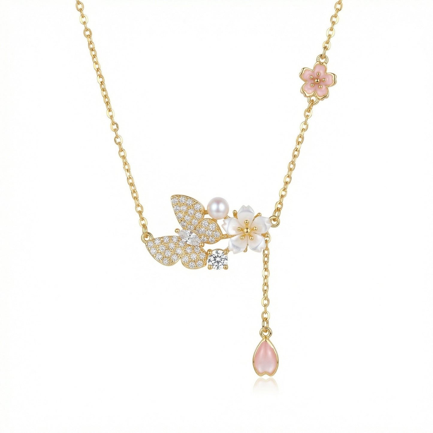 925 Sterling Silver Enchanting Butterfly and Cherry Blossom Necklace with Pearl and Pink Petal Drop