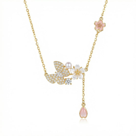 925 Sterling Silver Enchanting Butterfly and Cherry Blossom Necklace with Pearl and Pink Petal Drop