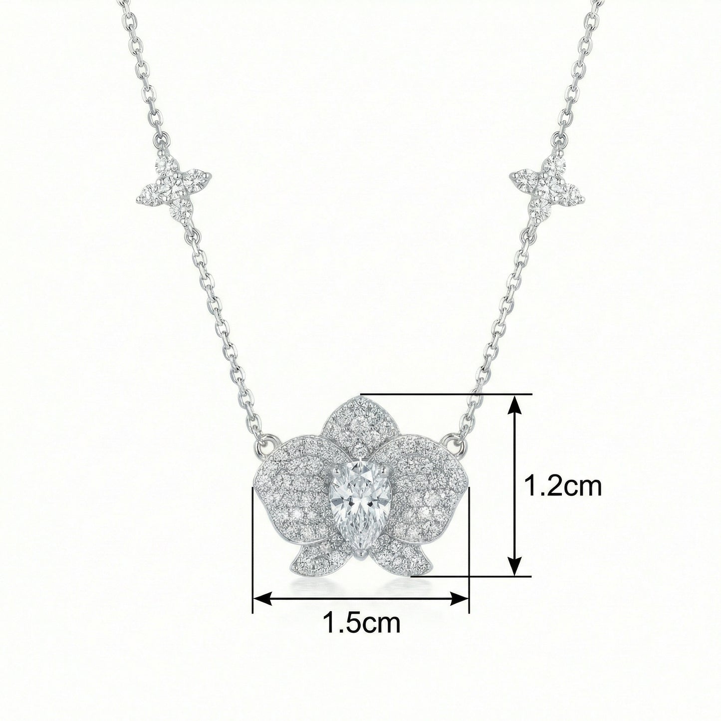 925 Sterling Silver Elegant Diamond Orchid Pendant Necklace with Pear-Cut Center Stone