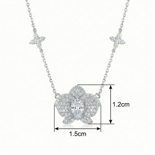 925 Sterling Silver Elegant Diamond Orchid Pendant Necklace with Pear-Cut Center Stone