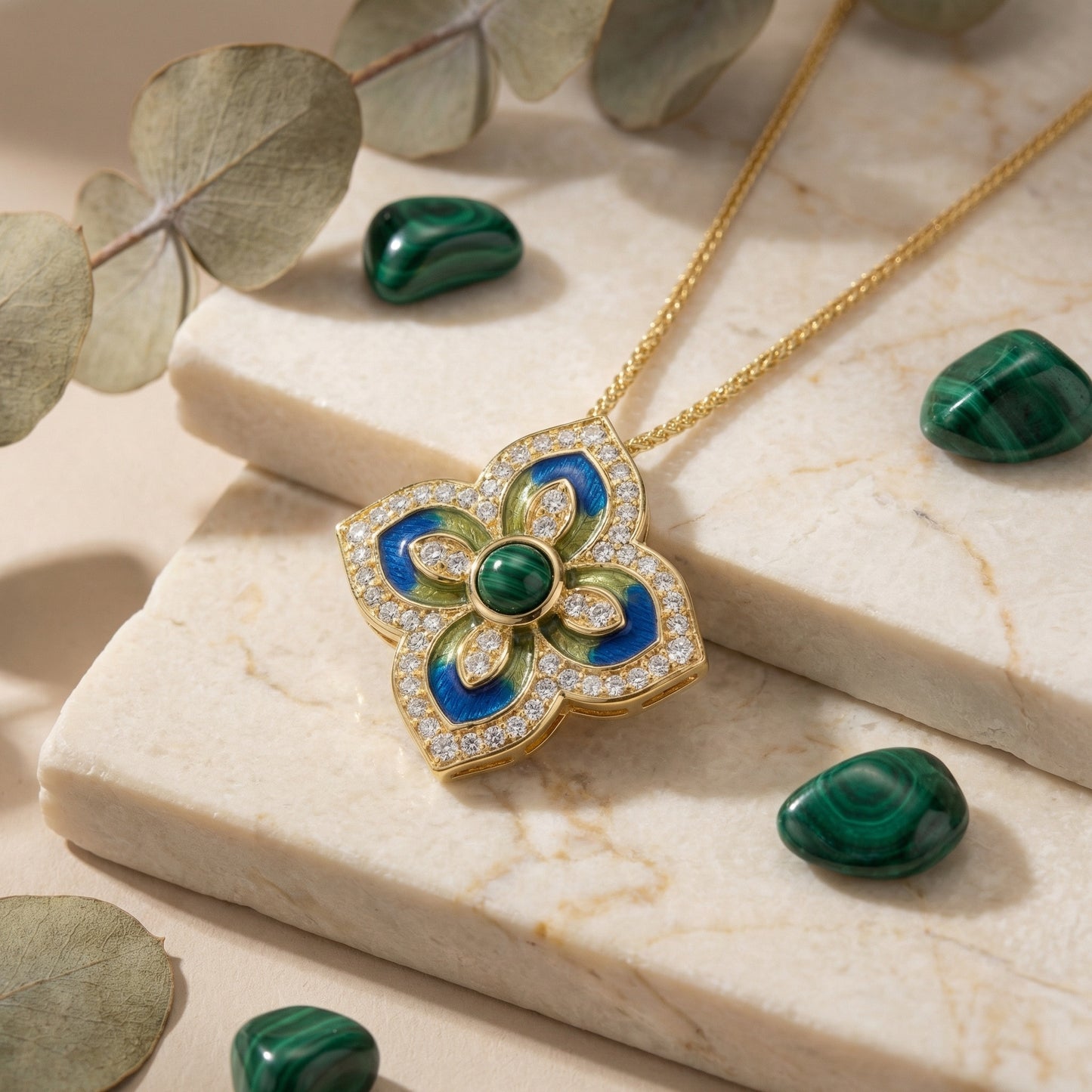925 Sterling Silver Luxury Yellow Gold Malachite & Diamond Quatrefoil Pendant Necklace – Enamel Floral Design Statement Jewelry
