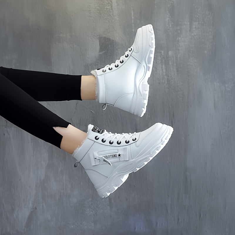 Women'S Winter High-Top Boots - Warm Fleece-Lined Ankle Boots with Thick Sole, Lace-Up Casual Style