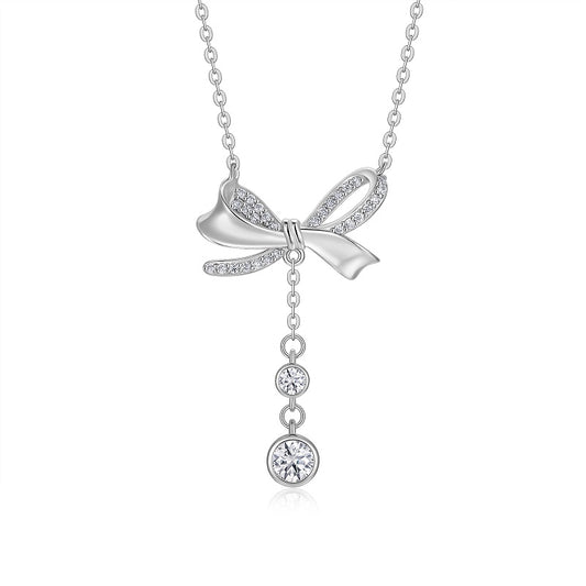 Dazzling Moissanite & Platinum-Plated S925 Silver Bow Necklace