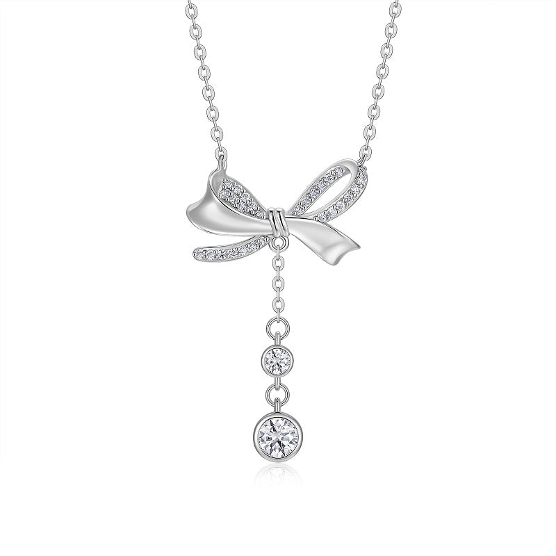 Dazzling Moissanite & Platinum-Plated S925 Silver Bow Necklace
